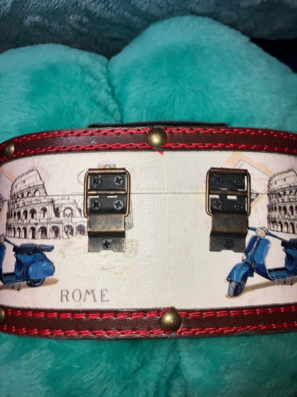 Travel-Inspired Rome Cosmetic Case in Cream and Blue Leather Trimmed 7” X 5” - Picture 4 of 6